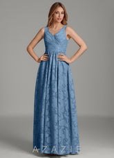 Azazie Keyla Steel Blue A-Line Pleated Floral Burnout Dress