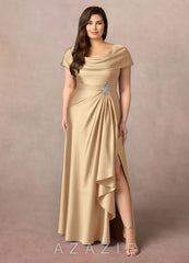 Azazie Branford Champagne A-Line Pleated Stretch Satin Dress champagne