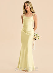 Azazie Agustina Junior Lemon Sorbet Sheath Pleated Stretch Satin Dress