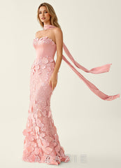 Wrensincia Pink 3D Flower Lace Satin Prom Dress