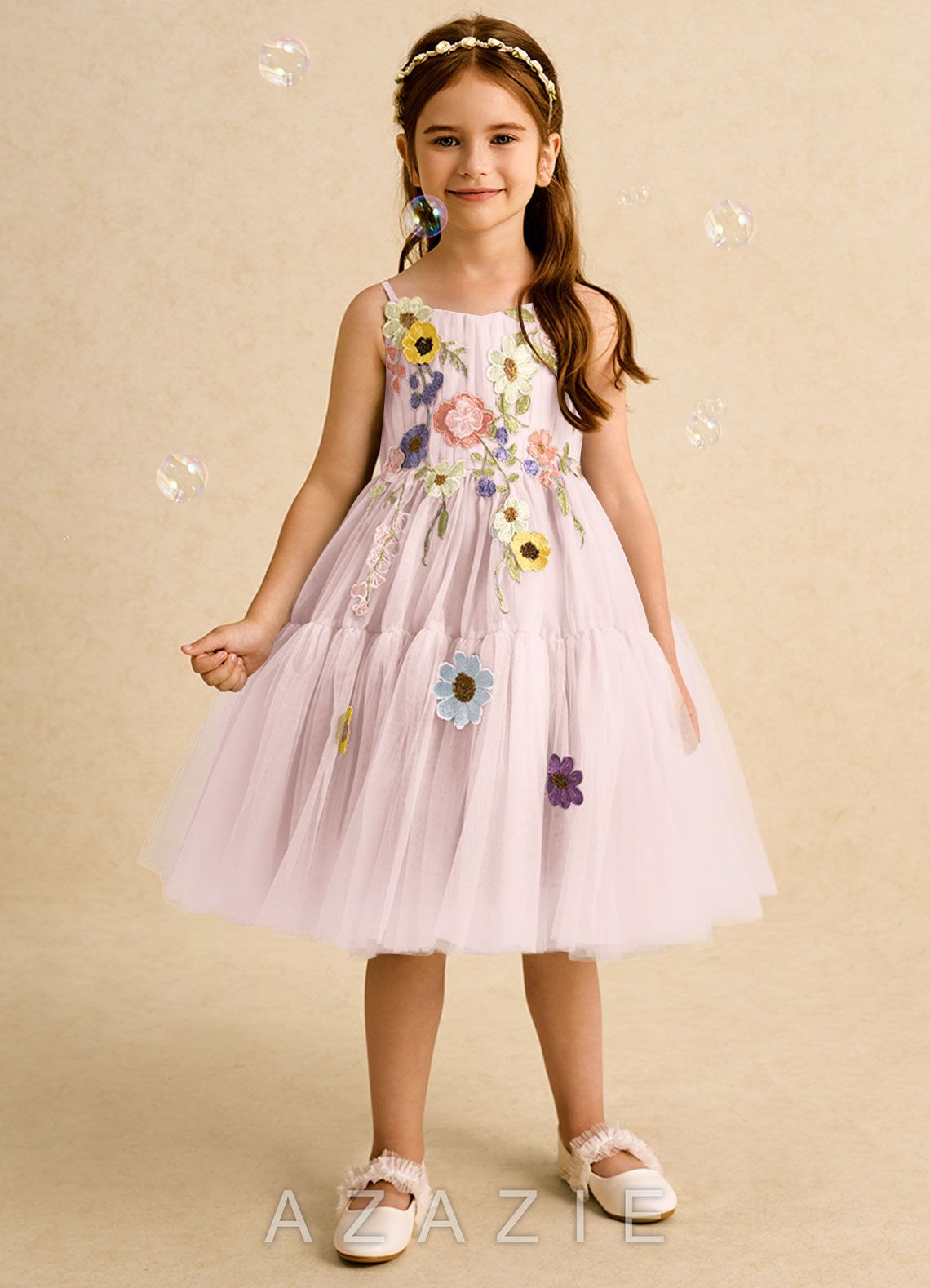 Azazie Osea Blushing Pink Ball-Gown Pleated Tulle Dress