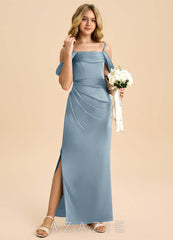 Azazie Saige Junior Dusty Blue Sheath Off the Shoulder Stretch Satin Dress