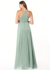 Azazie Annabelle A-Line V-Neck Pleated Mesh Floor-Length Dress agave