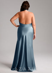 Azazie Lorena Dusty Blue Mermaid Pleated Stretch Satin Dress dusty_blue