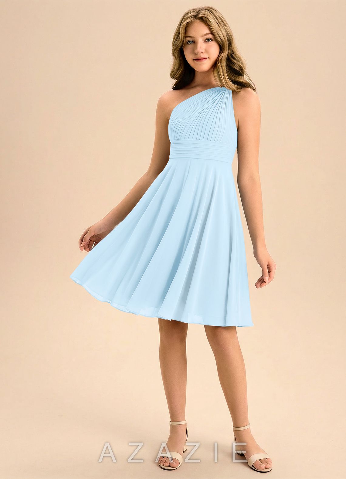 Azazie Charlize Junior Sky Blue A-Line Pleated Chiffon Dress