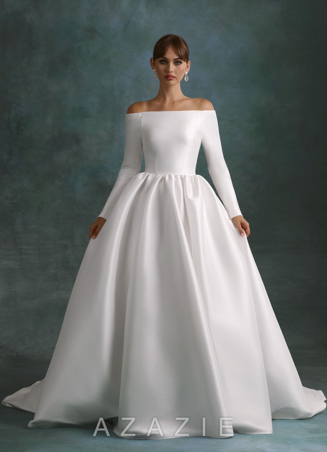Azazie Cerese Diamond White Ball-Gown Off the Shoulder Mikado Dress