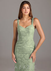 Azazie Denice Agave Mermaid Pleated Floral Burnout Dress agave