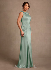 Azazie Franny Agave Sheath Lace Stretch Satin Dress agave