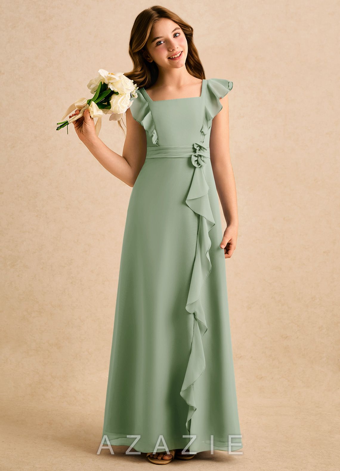 Azazie Soso Girls Formal Dusty Sage A-Line Pleated Chiffon Dress