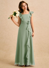 Azazie Soso Girls Formal Dusty Sage A-Line Pleated Chiffon Dress