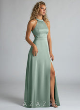 Azazie Clarice Agave A-Line High Neck Stretch Satin Dress