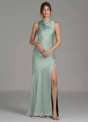 Azazie Kiara Agave Mermaid Pleated Stretch Satin Dress