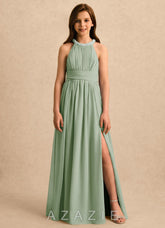Azazie Aria Girls Formal Dusty Sage A-Line Pleated Chiffon Dress