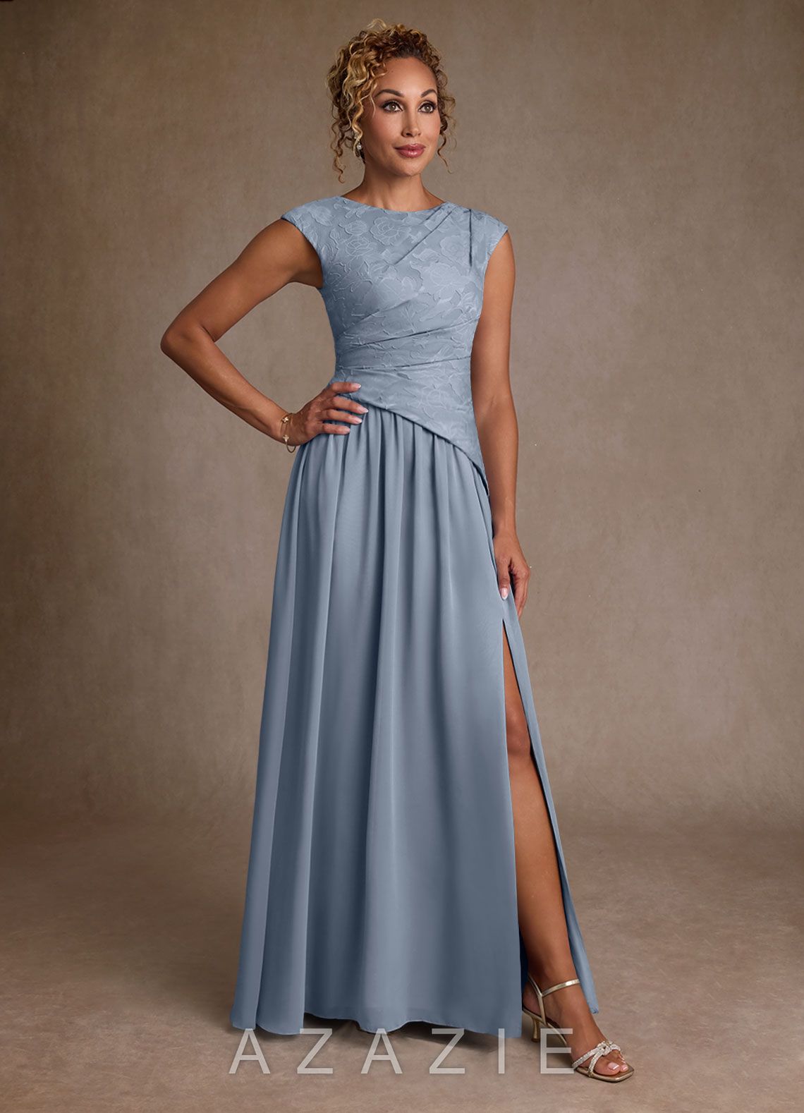 Azazie Kalleen Dusty Blue A-Line Pleated Chiffon Dress