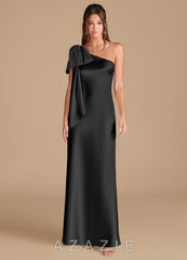 Azazie Capri Black Sheath One Shoulder Metallic Satin Dress black