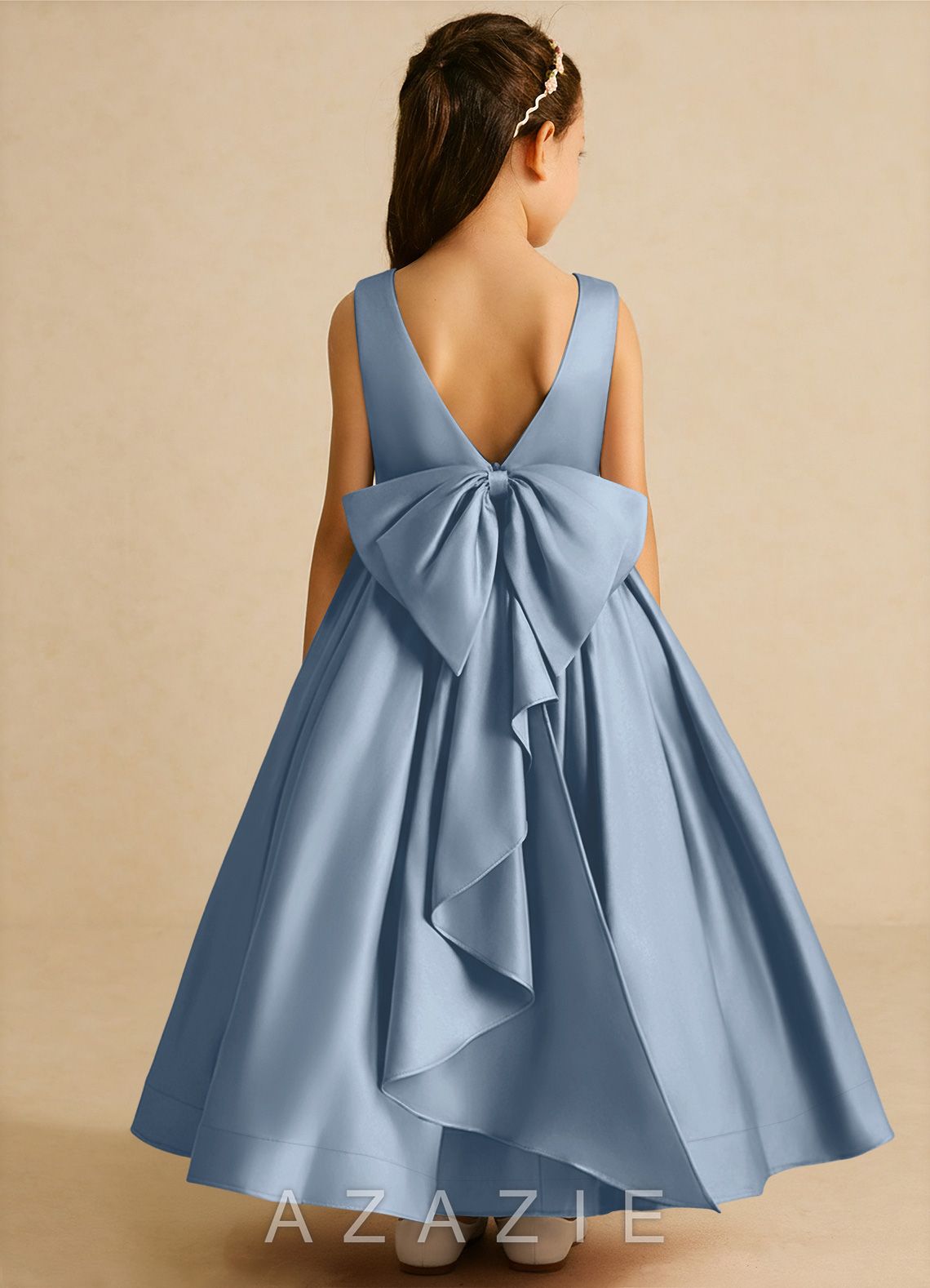 Azazie Cailee Dusty Blue Ball-Gown Pleated Matte Satin Dress