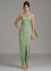 Azazie Calandra Dusty Sage Sheath Pleated Floral Burnout Dress