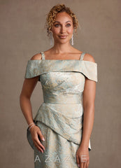 Azazie Kaddar Vintage Blue Sheath Off the Shoulder Floral Jacquard Dress vintage_blue