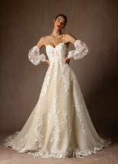 Azazie Madeleine Diamond White Champagne Ball-Gown Strapless Lace Dress
