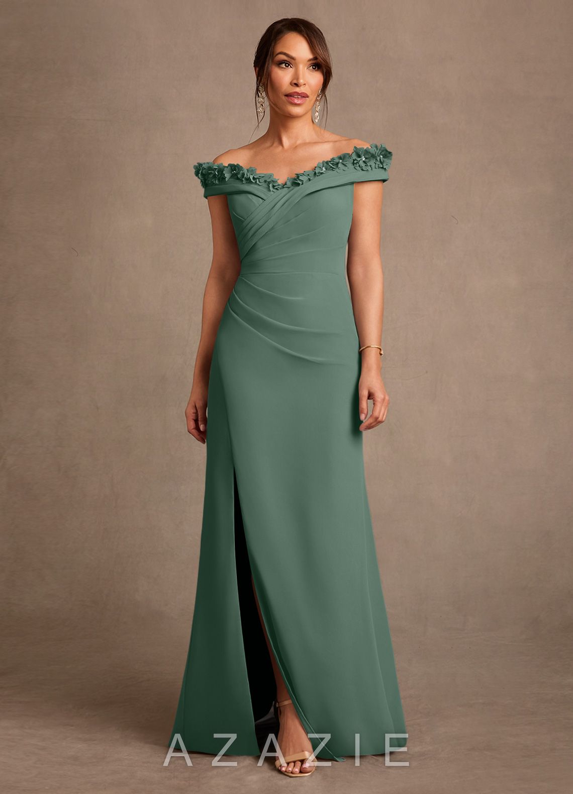 Azazie Jettie Eucalyptus Sheath Pleated Chiffon Dress