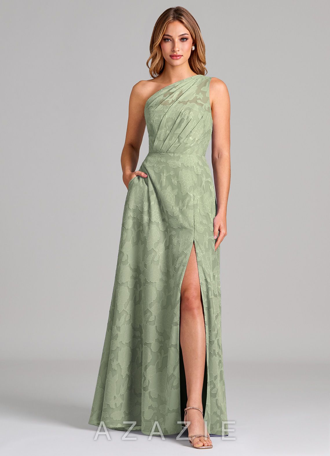Azazie Phaedra Agave A-Line One Shoulder Floral Burnout Dress