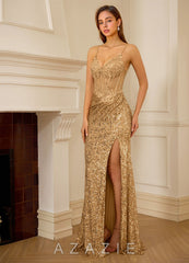 Dominsign Champagne Floral Sheer Corset Sequin Mermaid Dress champagne
