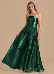 Azazie Lucienne Dark Green A-Line Pleated Metallic Satin Dress