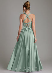 Azazie Francis Agave A-Line Corset Stretch Satin Dress agave