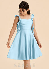 Azazie Kira Junior Sky Blue A-Line Ruched Stretch Satin Dress sky_blue