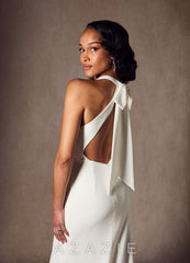 Azazie Aerith Wedding Dress Diamond White Sheath Bow Stretch Crepe Dress diamond_white