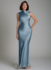 Azazie Lumia Dusty Blue Sheath Corset Stretch Satin Dress