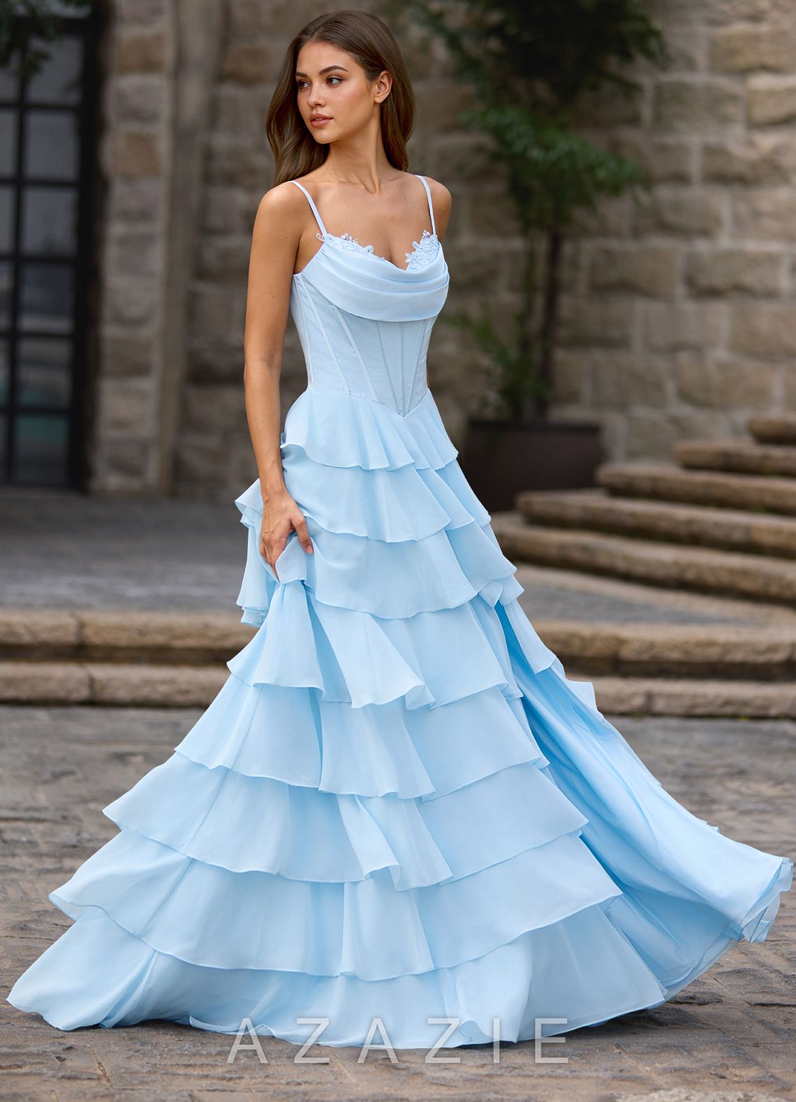Floralace Sky Blue Ruffled A-line Prom Dress