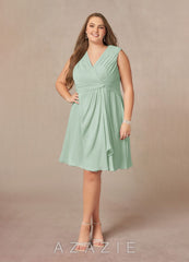 Azazie Theron Agave A-Line V-Neck Pleated Chiffon Dress agave