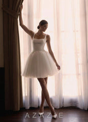 Azazie Annora Diamond White A-Line Square Neckline Tulle Dress diamond_white