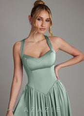 Azazie Francis Agave A-Line Corset Stretch Satin Dress agave
