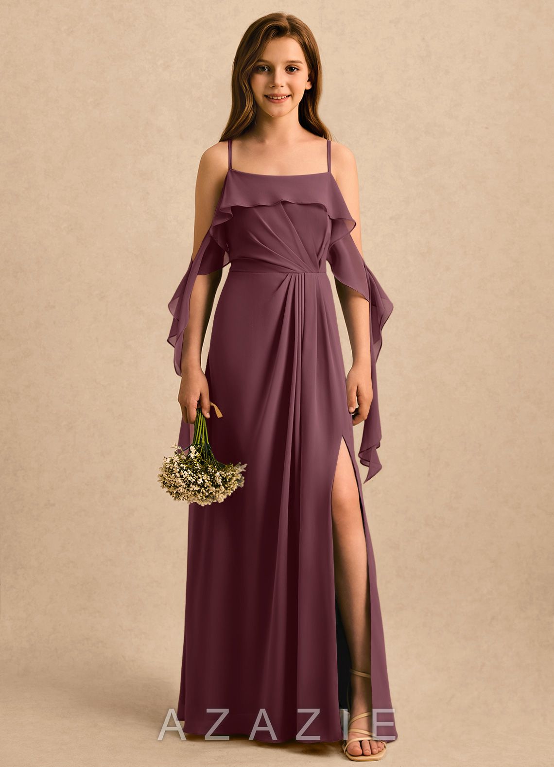 Azazie Ameena Girls Formal Sangria A-Line Ruched Chiffon Dress