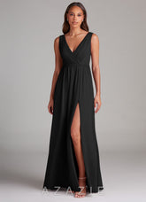 Azazie Tanicia Black A-Line Pleated Chiffon Dress