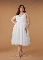 Azazie Liana Wedding Dress Diamond White A-Line V-Neck Sequins Tulle Dress diamond_white