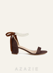 Matching Color Matte Satin Pearl and Bow Open Toe Chunky Heel Sandals