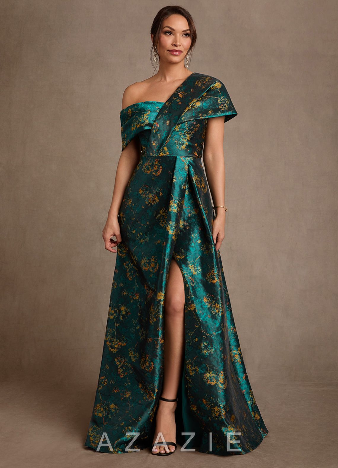 Azazie Nonie Deep Green A-Line Off the Shoulder Floral Jacquard Dress