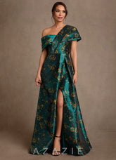 Azazie Nonie Deep Green A-Line Off the Shoulder Floral Jacquard Dress