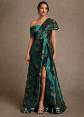Azazie Nonie Deep Green A-Line Off the Shoulder Floral Jacquard Dress