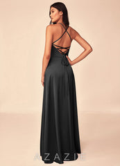 Azazie Mei Black A-Line V-Neck Stretch Satin Dress black
