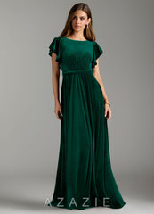 Azazie Daphne A-Line Velvet Floor-Length Dress with Belt emerald
