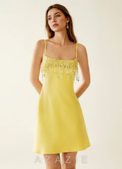 SeJone Light Yellow Sequin Embroidery Satin Mini Dress