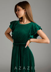 Azazie Daphne A-Line Velvet Floor-Length Dress with Belt emerald