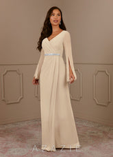 Azazie Belinda Champagne A-Line V-Neck Pleated Chiffon Dress