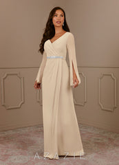 Azazie Belinda Champagne A-Line V-Neck Pleated Chiffon Dress