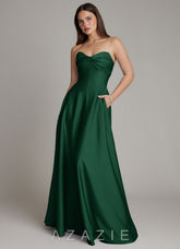Azazie Meleena Dark Green A-Line Strapless Stretch Satin Dress