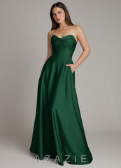 Azazie Meleena Dark Green A-Line Strapless Stretch Satin Dress